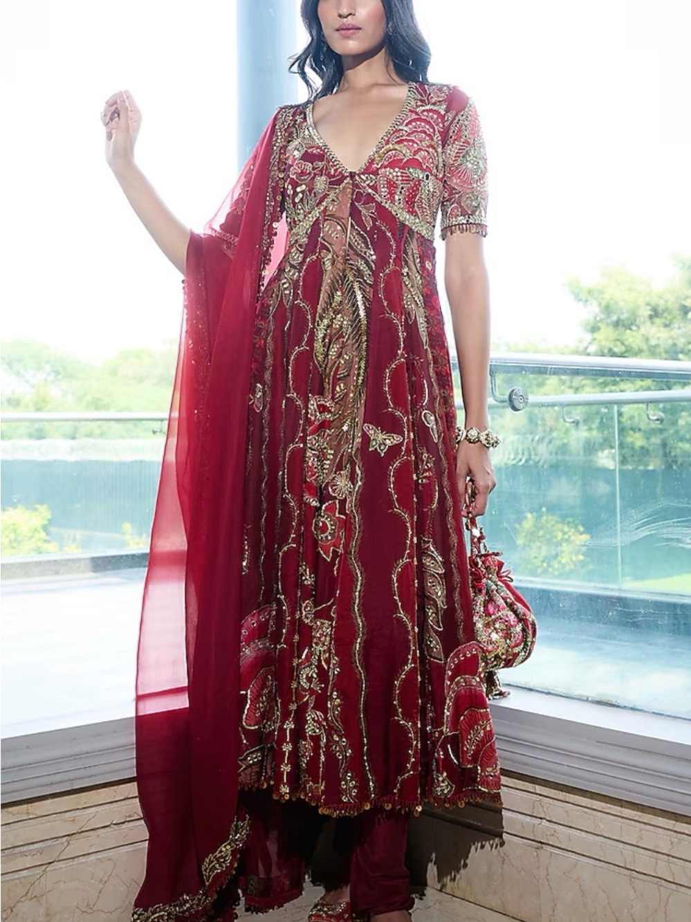 Mahima Mahajan Red Embellished Bridal Maxi Dress with Gold Accents - Picture 2 of 5